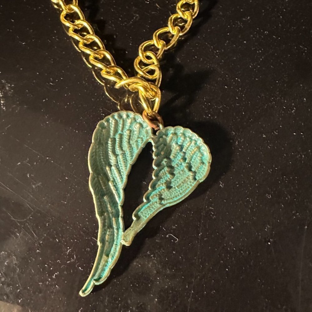 Green Verdigris Pendant Heart Angel Wings Gold Necklace Choker Gift - Picture 6 of 6